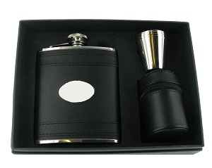 FLC9B - Black Leather Flask and cups and engraving plate